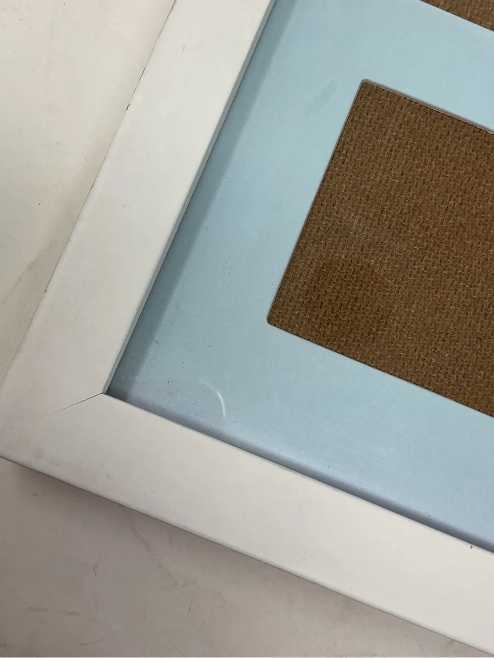 Pottery Barn White Frame with Light Blue Mat and Brown Cork Squares